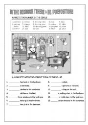English Worksheet: IN THE BEDROOM: THERE + BE / PREPOSITIONS (black and white version)