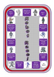 English Worksheet: Robot Race Game (with over 128 mini-word strips per game and simple questions on the board, black and white version included)