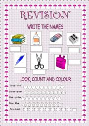English Worksheet: REVISION OF SCHOOL OBJECTS, COLOURS AND NUMBERS