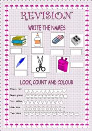 REVISION OF SCHOOL OBJECTS, COLOURS AND NUMBERS