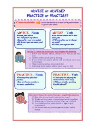 English Worksheet: Advice or advise? Practice or practise? which is correct?