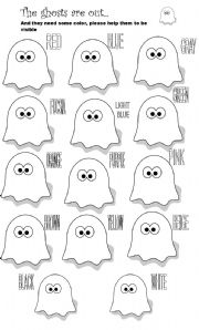 English Worksheet: Color the ghosts, Practice on colours, colouring
