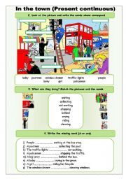 English Worksheet: In the town (Present continuous) (+ B/W)
