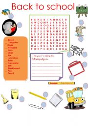 English Worksheet: Back to School Match & Wordsearch