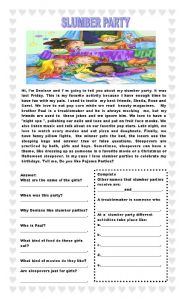 English Worksheet: Slumber Party  Reading, answer the questions, complete  