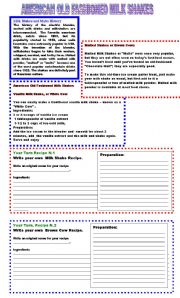 English Worksheet: History of Milk shakes, Recipes, Reading and Writing