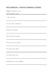 English worksheet: Building Questions and Practice Vocabulary (Clothes)
