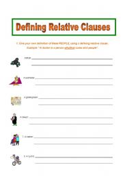 English worksheet: Defining Relative Clauses: Who or Which?