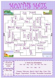 MAZE of MONTHS, 13 EXERCISES, quizz, bookmark, FCs, crossword, domino etc ((11_pages)) + KEY, PRINTER friendly, EDITABLE - A1 level