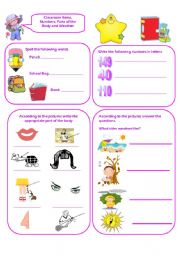 English Worksheet: REVISION VOCABULARY. CLASSROOM ITEMS, NUMBERS, THE ALPHABET, PARTS OF THE BODY AND WEATHER