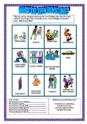 English Worksheet: What do teen boys like? PART 1 Reading and activities.