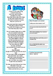 English Worksheet: A heart  Poem about the boys , reading and activitiesPart 2