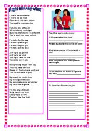 English Worksheet: A girl like any other Poem and activities Part 1