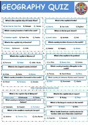 English Worksheet: Geography quiz. 18 question cards to play with Geography. 