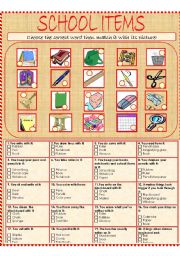 English Worksheet: School Items- intermediate level