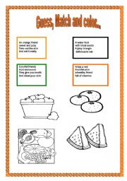 English Worksheet: Fruit  Riddles   Read ,  Match and color