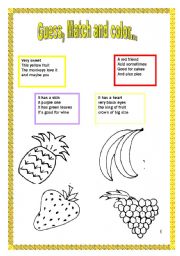 English Worksheet: Solve the Riddles and Match and color the fruit