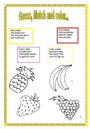 English worksheet: Solve the Riddles and Match and color the fruit