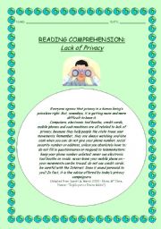 English Worksheet: Reading Comprehension: Lack of Privacy