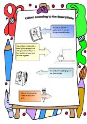English Worksheet: colour by descriptions: school supplies