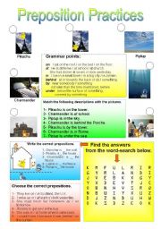English worksheet: Preposition Practice with many activities