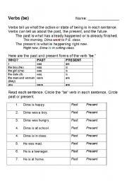 English Worksheet: To Be Verb Past and Present