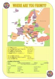 English Worksheet: Where are you from? Countries, continents,...