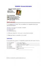 English worksheet: PERSONAL INFORMATION