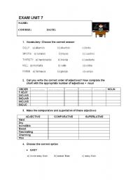 English worksheet: exam on comparisons, past tense and present continuous