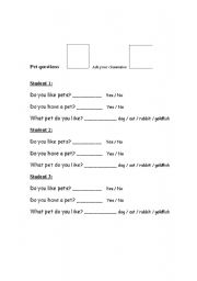 English worksheet: Pet questions for young students