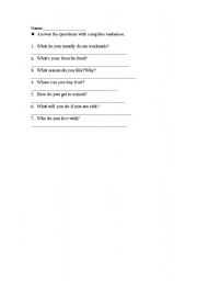 English worksheet: answer questions