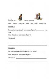 English worksheet: Taking care of pets survey