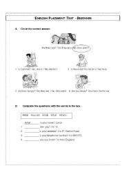 English Worksheet: Beginner ESL Test placement with level rubric on bottom