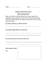 English worksheet: Reading Comprehension Grade 1 (Marys day at the zoo)