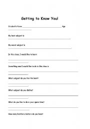 English worksheet: Getting to Know You!!!