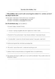 English Worksheet: INVERTION AFTER NEITHER/NOR