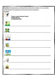 English worksheet: practicing simple present, simple past, there is/are