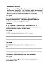 English worksheet: Environment dialogue speaking