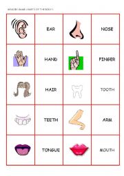 English Worksheet: PARTS OF THE BODY MEMORY GAME (1/2)