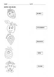 English Worksheet: Fruits - Match and Colour