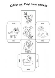 English Worksheet: Colour and play: farm animals cube