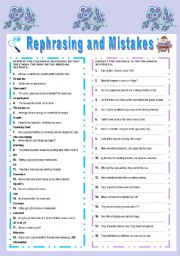 English Worksheet: REPHRASING AND MISTAKES (KEY INCLUDED)