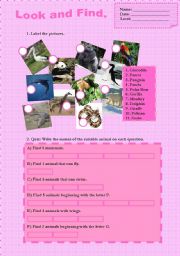 English worksheet: Wild Animals - Look and Fin (Part 2 of 2) Key included!