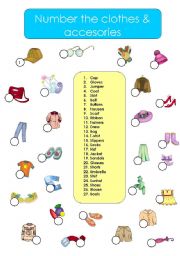 English Worksheet: Number the clothes & accesories