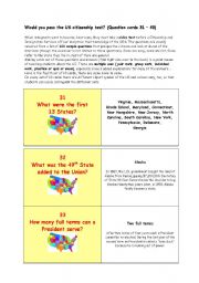 English Worksheet: ** Would you pass the US citizenship test? ** THE MOST IMPORTANT FACTS ABOUT THE USA ** (Question cards 31  40) 