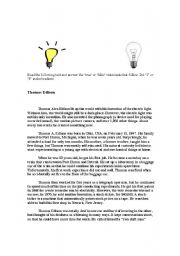 Thomas Edison reading text with questions