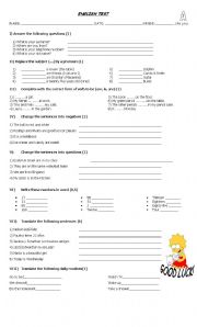 English Worksheet: English test, verb to be