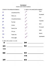 English worksheet: cardinal and ordinal numbers