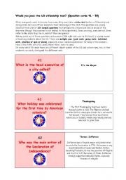 English Worksheet: ** Would you pass the US citizenship test? ** THE MOST IMPORTANT FACTS ABOUT THE USA ** (Question cards 41  50)