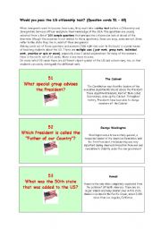 English Worksheet: ** Would you pass the US citizenship test? ** THE MOST IMPORTANT FACTS ABOUT THE USA ** (Question cards 51  60)